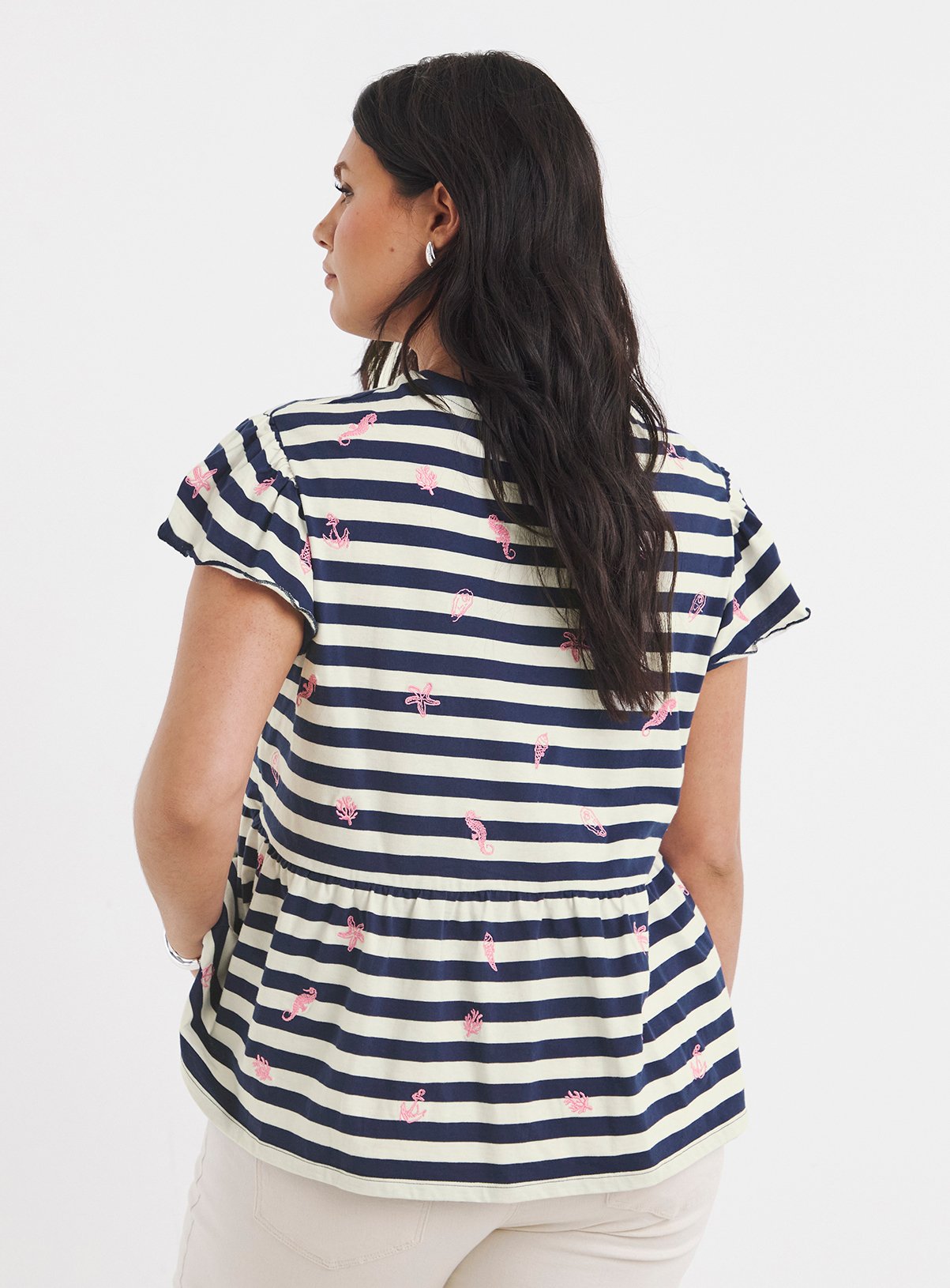 SIMPLY BE Embroidered Seaside Stripe Peplum Top 30 - Image 2 thumbnail
